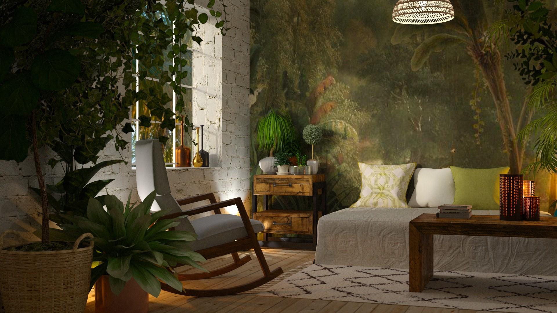 aranżacja salonu w stylu urban jungle